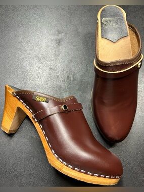 Sven Size 8 Original Brown Leather Slingback Wood Chunk Heel Clog